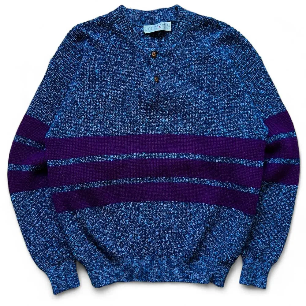 Vintage Jantzen Blue Purple Stripe Thick Knit Sweater Henley USA Made Indie L